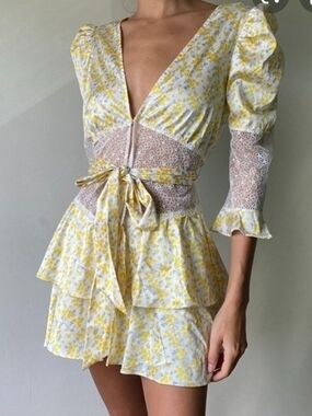 For Love & Lemons Yellow Floral Lace-Trim Tiered Mini Dress
